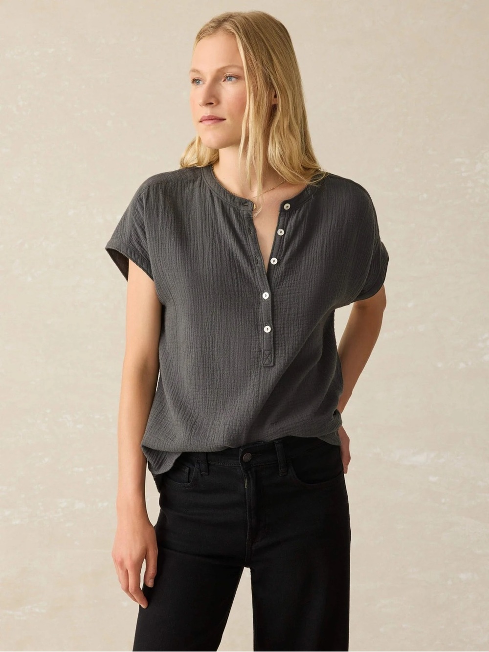 Faherty Desmond Organic Cotton Gauze Top XXS Button Front Short Sleeve Minimal